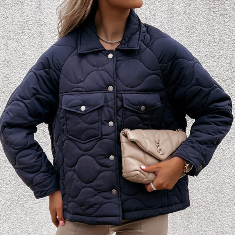 2022 inverno bolso acolchoado jaquetas femininas sólido solto lapela moda parka casaco feminino manga longa casual botão senhora casacos quentes