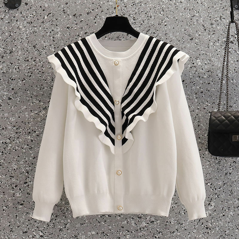 Autumn Winter Women's Shirt Knitted Fake Two Pieces Striped Long Sleeve Peter Pan Collar Single-breasted Patchwork Loose Fashion