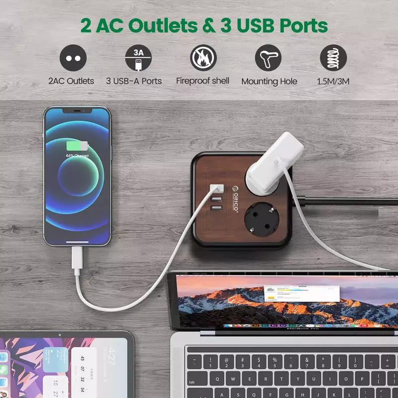 ORICO 18W Desktop Charge Power Strip 3m Extension Cable Electrica Socket Charging Station For Phone Laptop