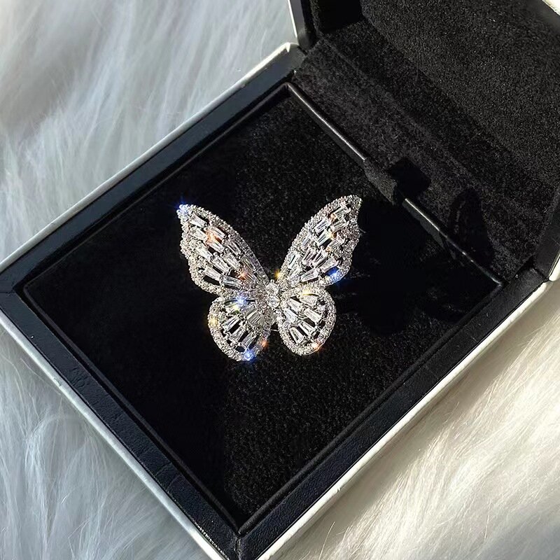 Anillo de dedo índice abierto para mujer, accesorio de lujo con forma de mariposa y diamante de super Hada, moda coreana