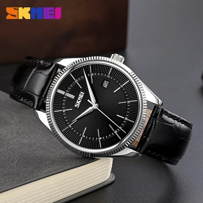 SKMEI แฟชั่นนาฬิกาควอตซ์หรูหราหนัง Casual นาฬิกาข้อมือผู้ชายแบบเรียบง่ายนาฬิกาปฏิทิน100% Original ชั่วโม...