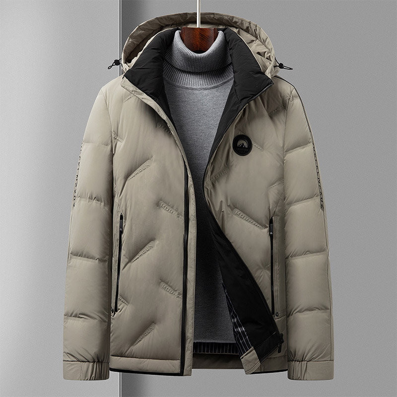 Męski płaszcz krótki zimowy dorywczo z kapturem jednolity kolor dół kurtki