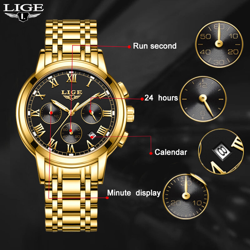 LIGE – montre-bracelet à Quartz pour homme, grand cadran, avec chronographe, en acier inoxydable, style sportif, décontracté, lumineuse