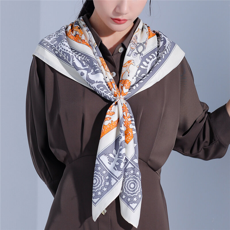 Foulard Hijab carré en Satin de soie pour femmes, 90x90cm, bandeau pour cheveux, châles et Bandana enveloppant, nouvelle mode 2021
