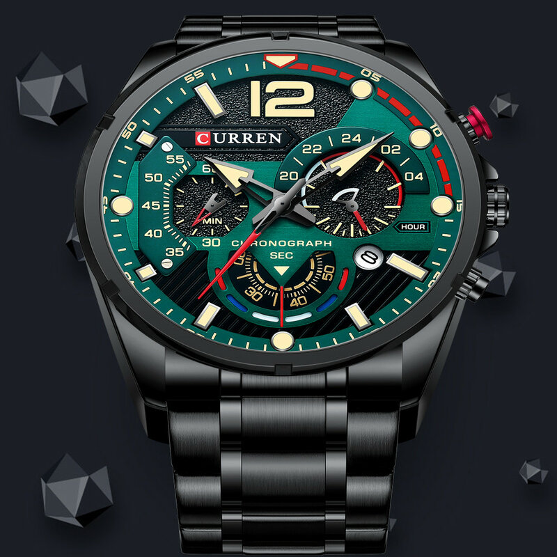Часы наручные CURREN Мужские кварцевые, брендовые Роскошные спортивные зеленые с хронографом и датой, стальные
