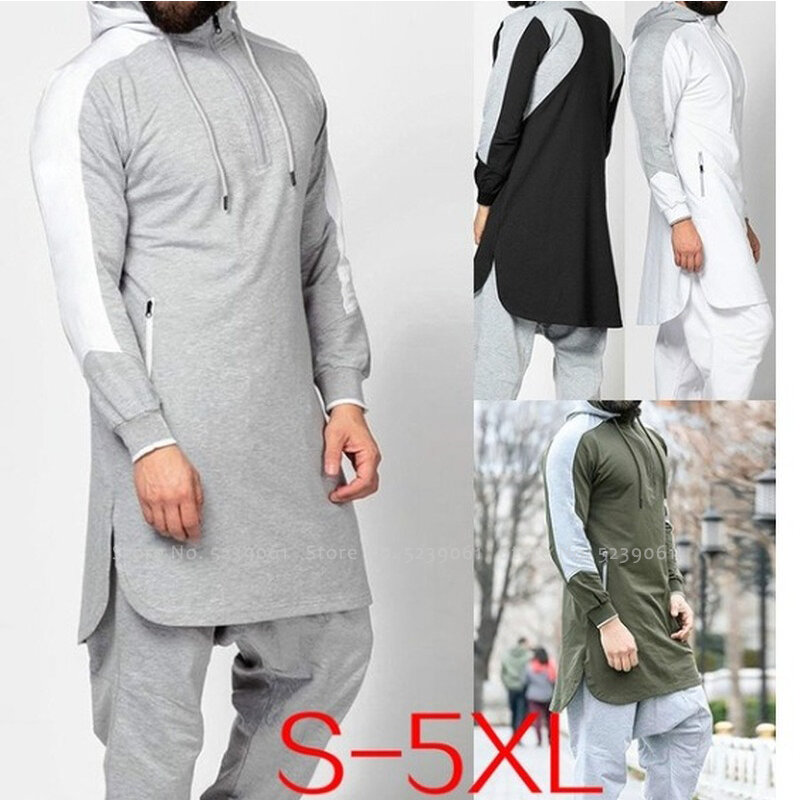 Jubba Thobe musulmán árabe islámico para hombre, ropa de Dubái Kaftan para Fitness, gimnasio, Top de manga larga, jersey con capucha de Arabia Saudita para trotar