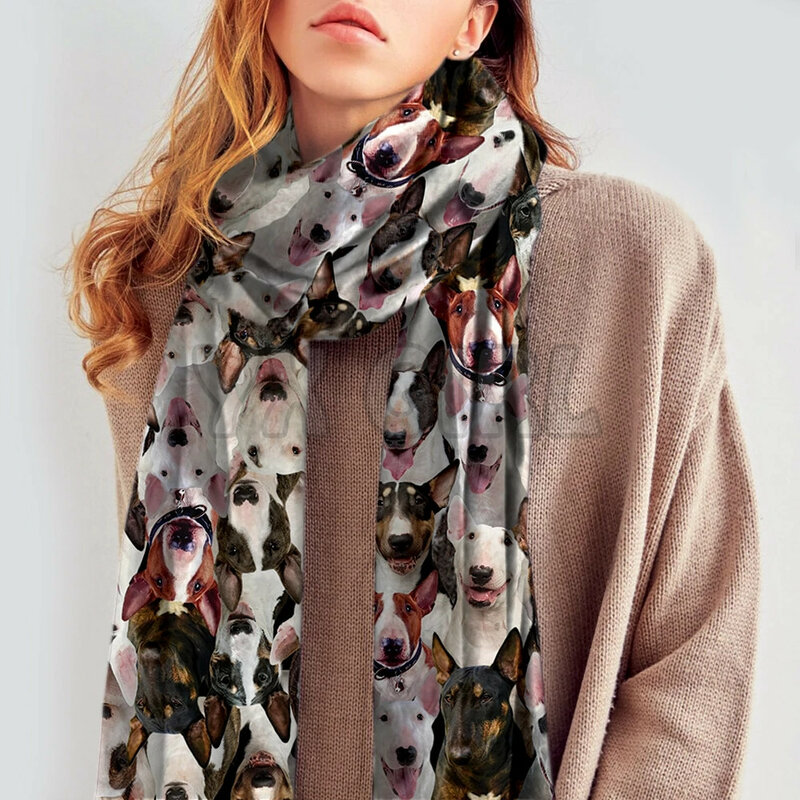 Шарф с 3D принтом Бультерьера, имитация кашемира, осень и зима, утепленная теплая шаль с забавной собакой, шарф