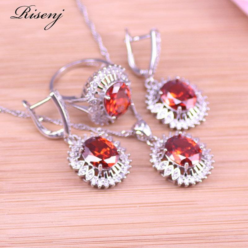 925 Perak Kostum Batu Merah Perhiasan untuk Wanita Anting Cincin Kalung Gelang Set Perhiasan Pengantin