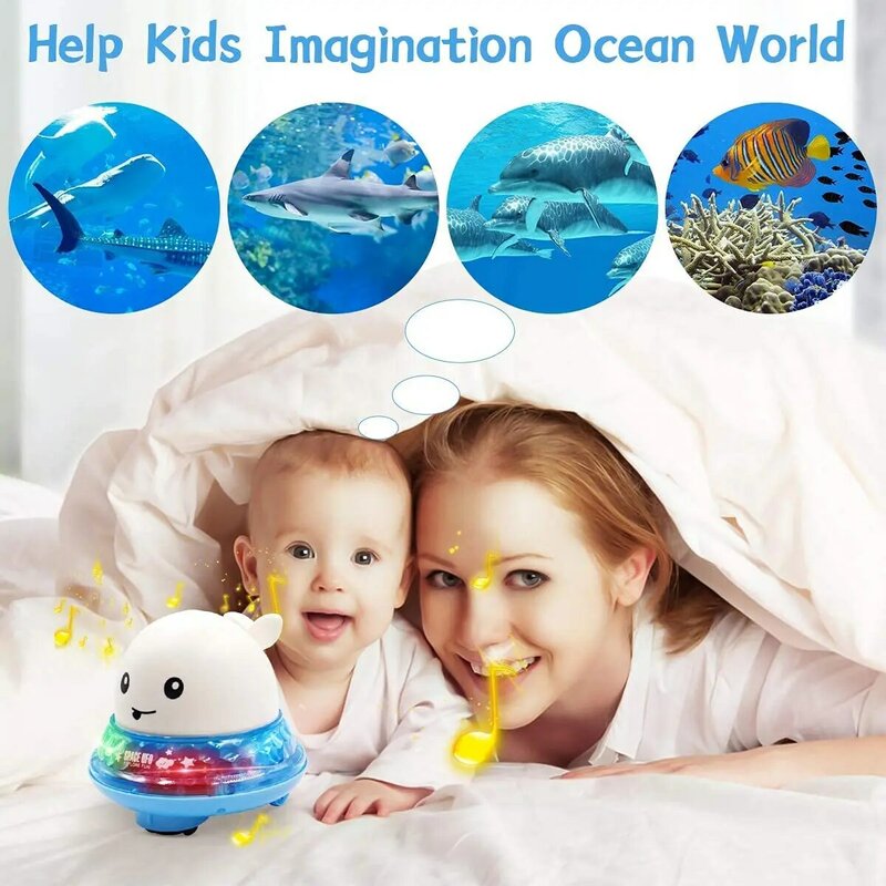 Brinquedo do banho do bebê para crianças automático spray de água baleia banheira brinquedo 2 em 1 espaço ufo carro elétrico baleia banho bola com luz acima música