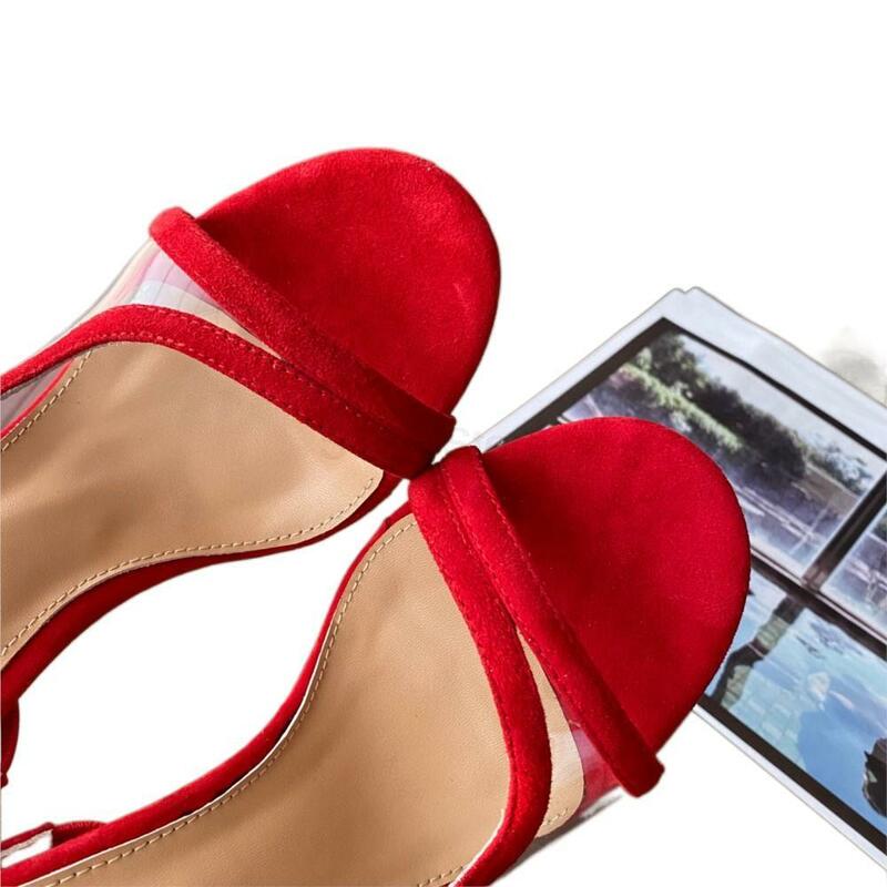 Ladies Suede Apricot Red Black PVC Transparent Strap Sexy Slingback Sandals Everyday Office Lady Pumps Large Size 35-42   10.5cm