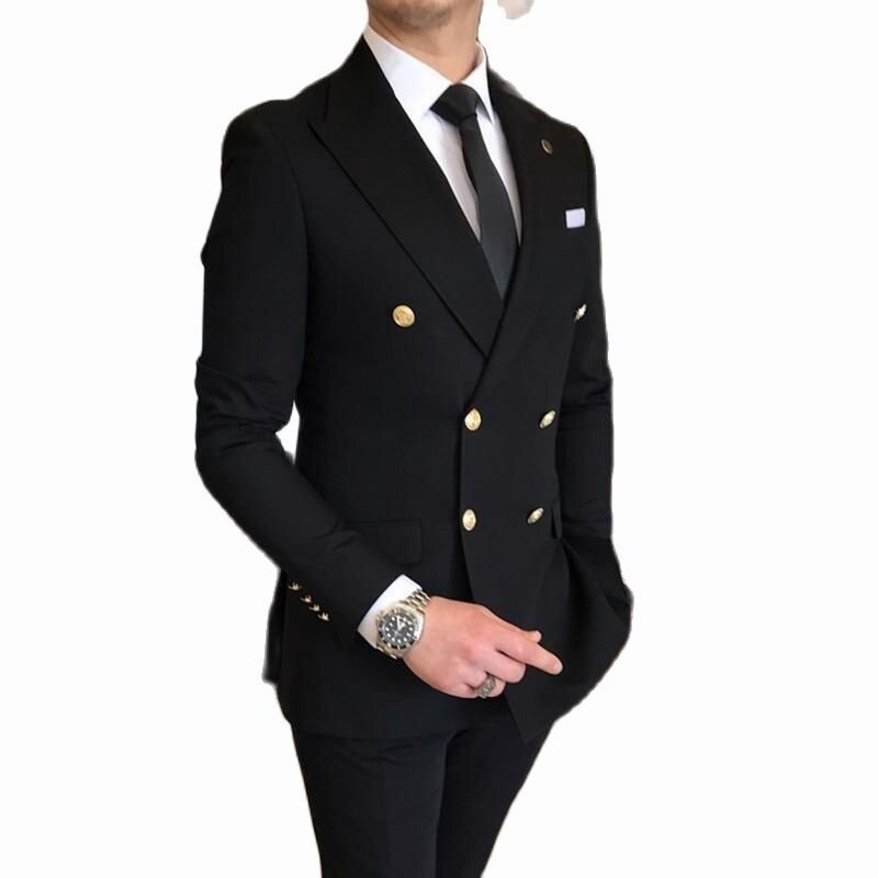 Conjunto de dos piezas para hombre, traje negro con solapa y doble botonadura, para fiesta de novio, 2023