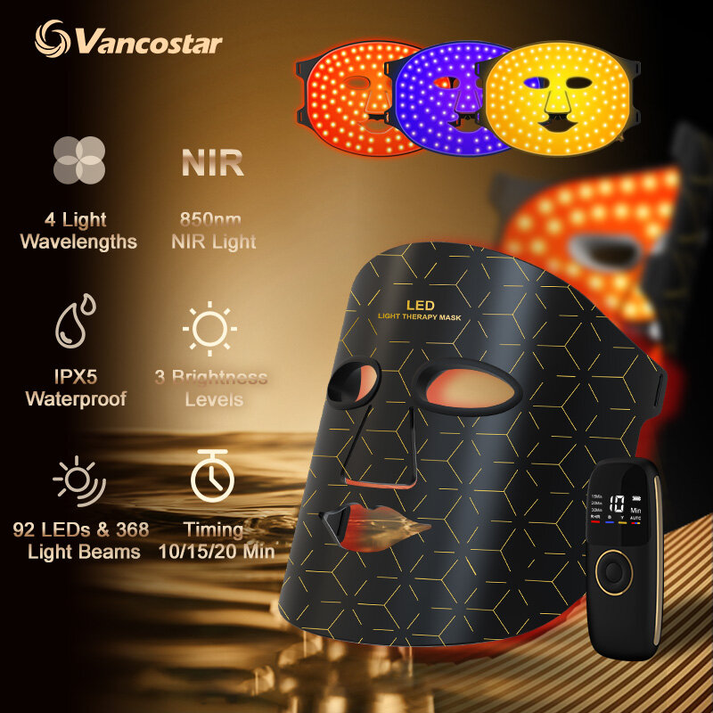 LED 얼굴 마스크 NIR 적외선 92 램프, 3 가지 색상, 자동 라이트 테라피, 3 가지 밝기, 얼굴 마스크 회춘 미용 건강, 직송