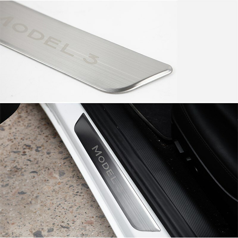 Cubierta protectora de umbral de puerta de coche para Tesla modelo 3 2017- 2021 2022, tira de Pedal de Metal, accesorios adhesivos de decoración