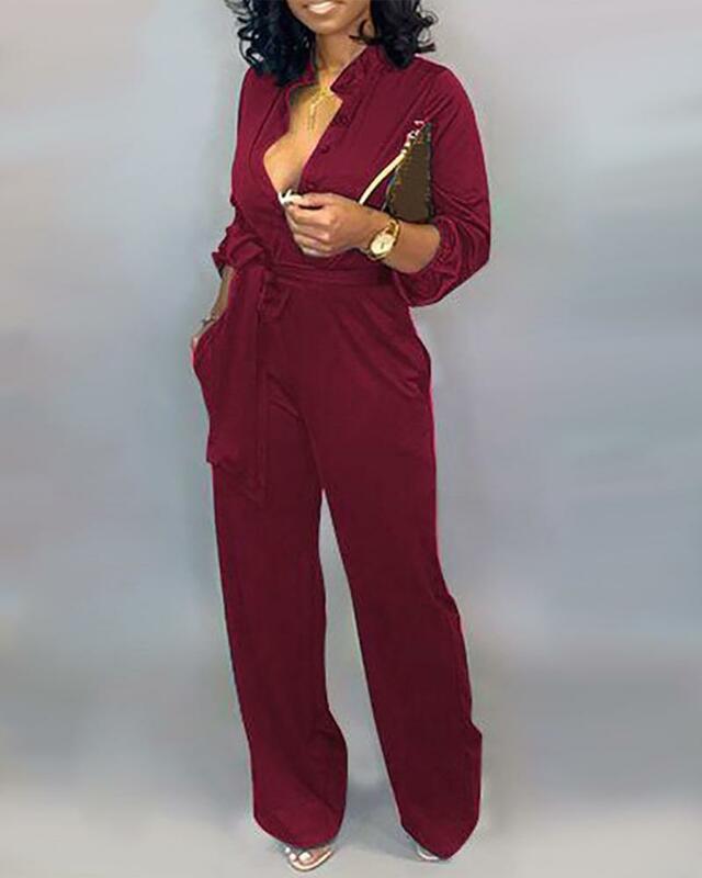 6 Colors 2021 Autumn Women Solid Buttoned Pocket Long Sleeve Casual Jumpsuit One Piece Long Pants Loungewear Work Clothes Female