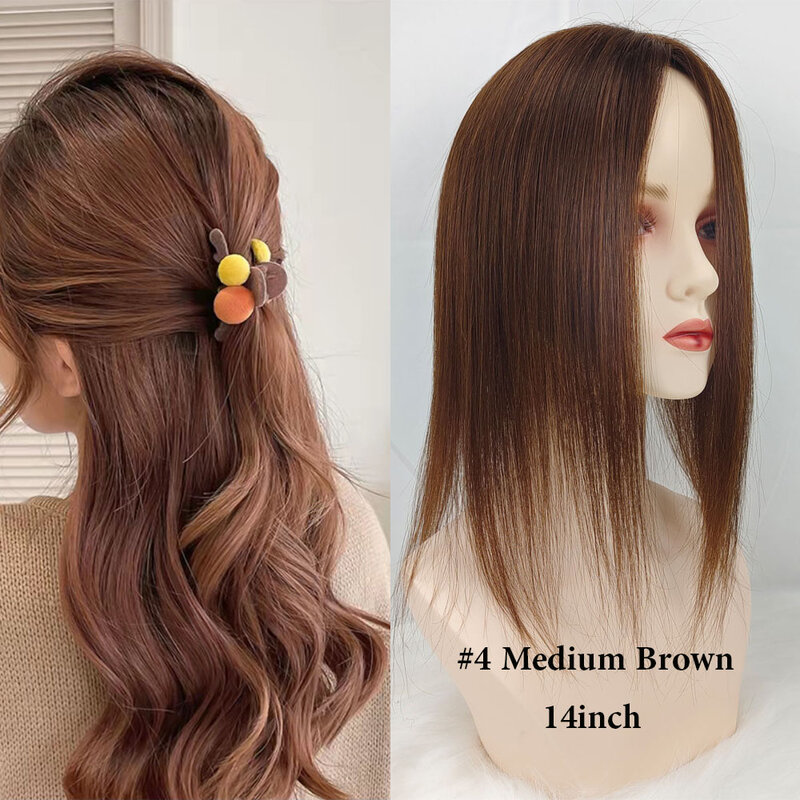 Topper marrón para mujer #4 8x12cm cuero cabelludo Natural, peluca 100% cabello humano Remy europeo 9x14cm Clips Base de piel de seda tupé