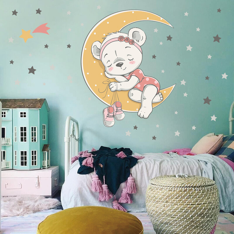 لطيف الدب النوم على القمر الجدار ملصق للبنات غرفة ذاتية اللصق الكرتون الحضانة الجدار ملصق مائي