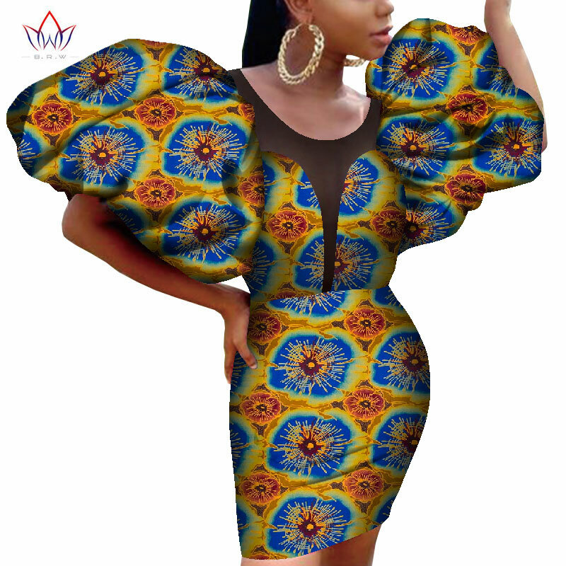 여자를위한 아프리카 여름 연필 미니 드레스 BINTAREALWAX 큰 퍼프 슬리브 위의 무릎 길이 섹시한 여자면 드레스 앙카라 WY8585