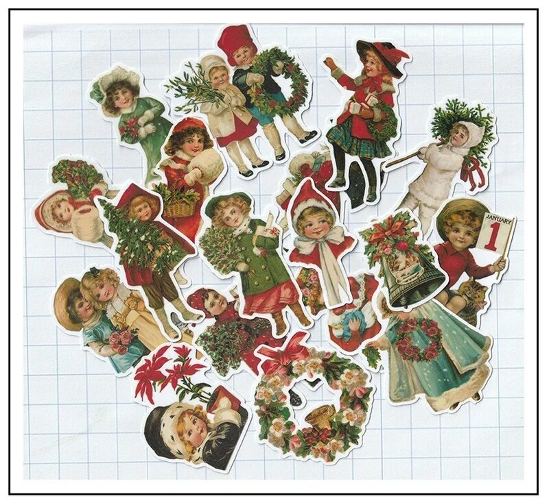 18Pcs Vintage British Children's Characters Christmas Scrapbook Stickers Holiday Gift Wrapping Album Diary Decorative Stickers