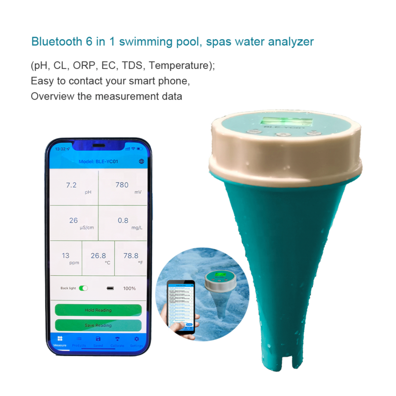 Schwimm Smart Schwimmbad Wasser Analyzer 6 in 1 pH Chlor EC TDS ORP TEMP Tester für Spa Pool wasser mit Bluetooth App