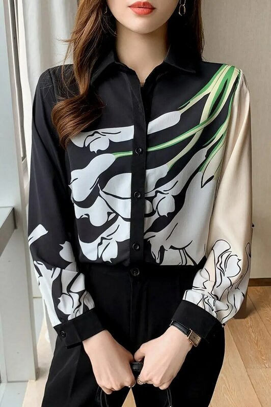 Camisa De gasa con estampado para Mujer, Blusa De manga larga con diseño Vintage francés, Color contrastante, a la Moda, para primavera