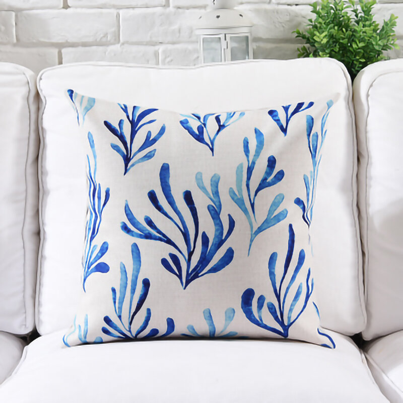Housse de coussin de noël bleu aquarelle, taie d'oreiller en lin blanc neige géométrique, décoration de maison, canapé