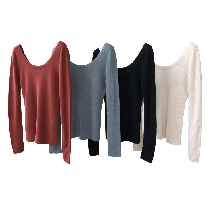 Knit V Back Cotton Scoop Neck Tops Women Slim Soft Solid Color Knitwear For Women Long-sleeved Underlay Blouse Thin One Size