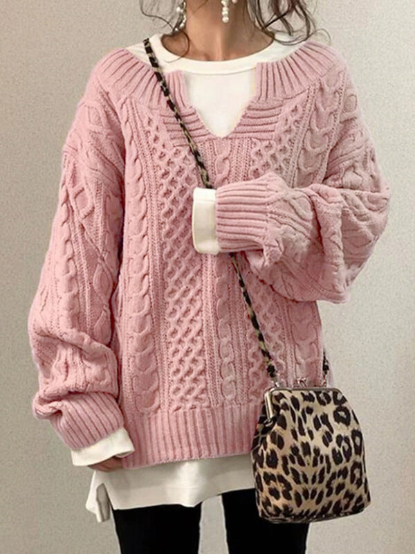 Suéter de punto con cuello en V para mujer, ropa informal holgada, Tops de moda, suéter de Color sólido, Otoño e Invierno