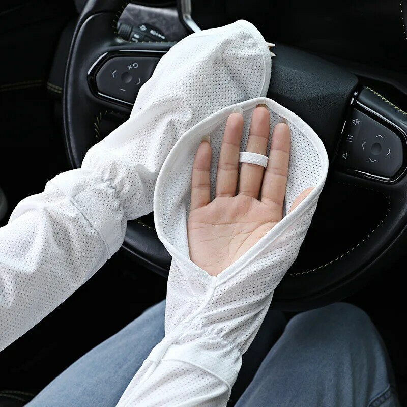Women Summer Ice silk Sleeves With Gloves Driving Sun Protection Solid Color Sleeves Loose Breathable Armguards High Quantity