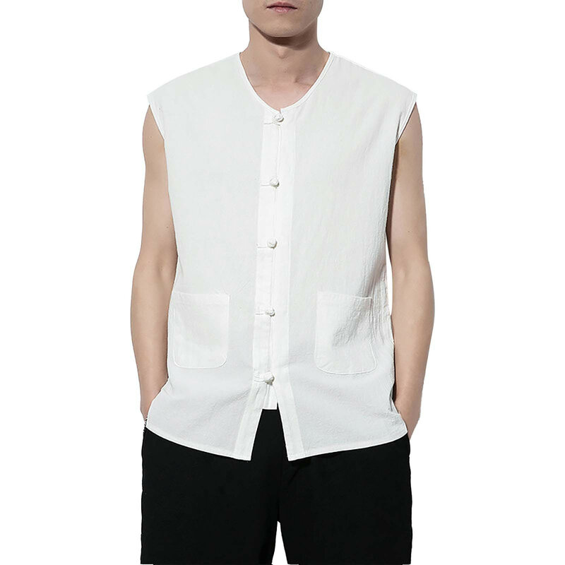 Camisa masculina sem mangas com gola em O, top de botão, placa monocromática, manga de malha, moda casual, primavera e verão