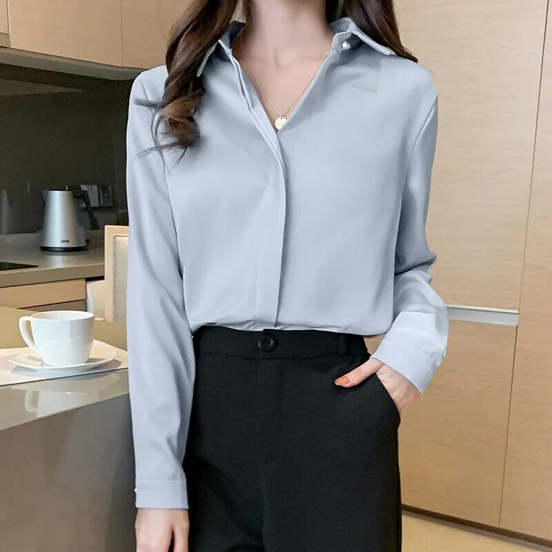Solid Color Women Shirts New Long Sleeve Satin White Shirt Fashion Office Lady Button Blouse Women Tops Camisas De Mujer 811C