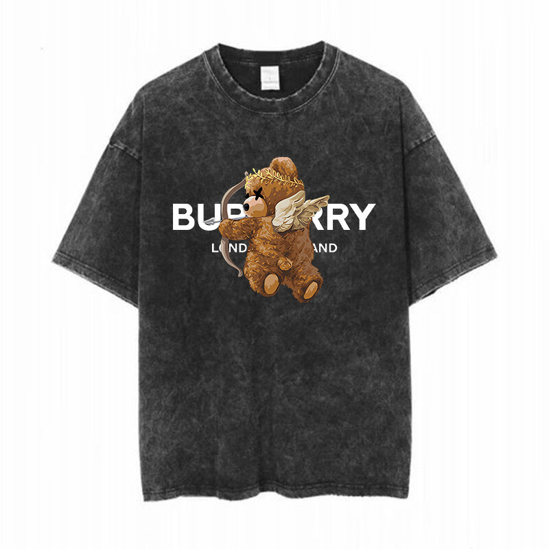 T-shirt mewah lengan pendek pria kaus Denim pudar dicuci Vintage kaus musim panas Print huruf beruang longgar + celana pendek Set