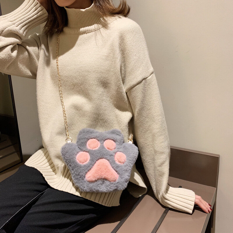 Cute Kids Soft Plush Bear Paw Coin Purse Lovely Baby Girls Chain Zipper Shoulder Bags Kids Accessories Small Messenger Bags Gift