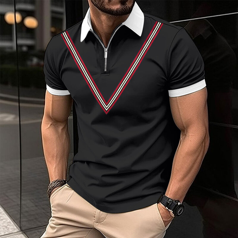 Nowa koszulka Polo męska koszulka Polo z krótkim w okładce w stylu V haft na co dzień koszula męska koszulka Polo na klapy z zamkiem błyskawicznym
