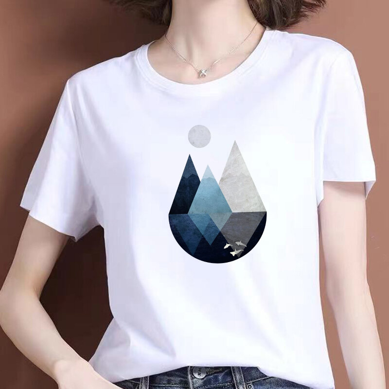 Kaus Cetak Geometri Indah Kaus Grafis Wanita 90-An Atasan Harajuku Kaus T-shirt Longgar Lengan Pendek Lucu Kaus Wanita