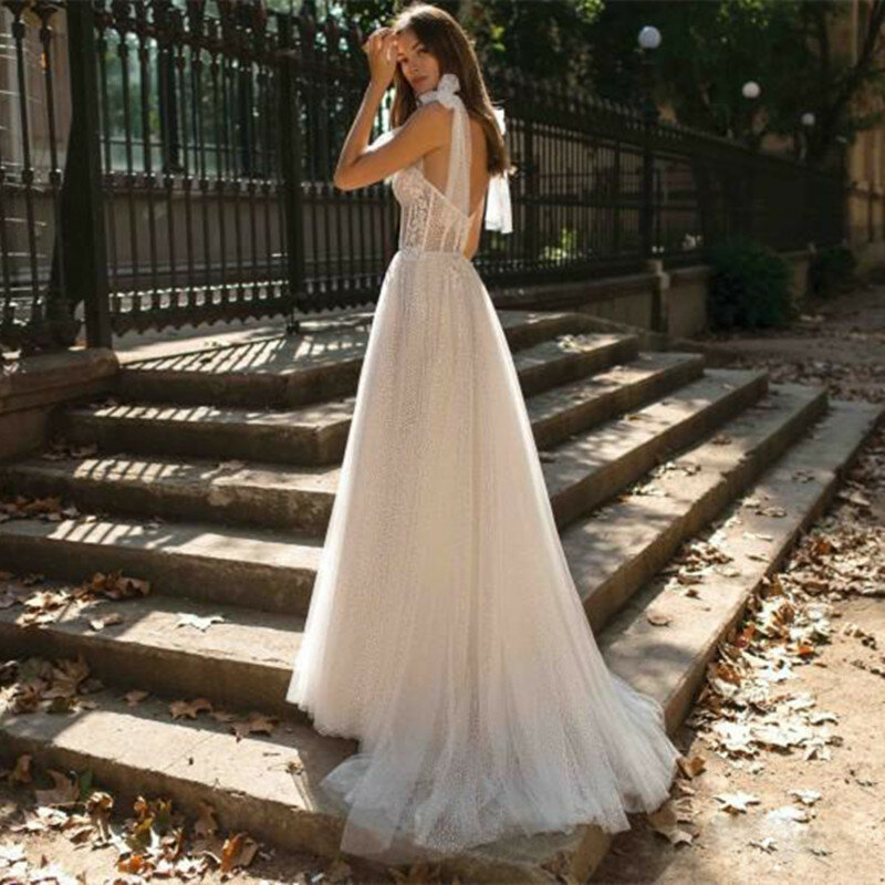 Shiny Boho Sweetheart Wedding Dresses 2022 High Slit Backless Tulle Bow Straps Beach Bridal Gowns Sweep Train Robe De Mariée
