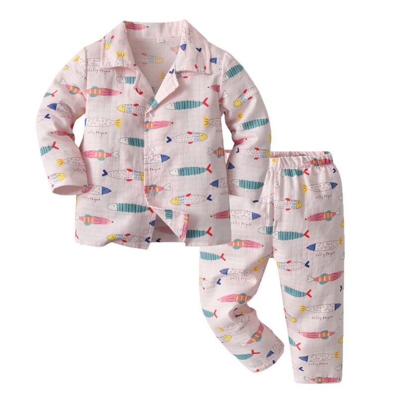 Pyjama de Style coréen pour bébé fille et garçon, ensemble 2 pièces, manches longues, chemises imprimées, col en v, vêtements de nuit + pantalon pour nouveau-né, printemps 2022, E632