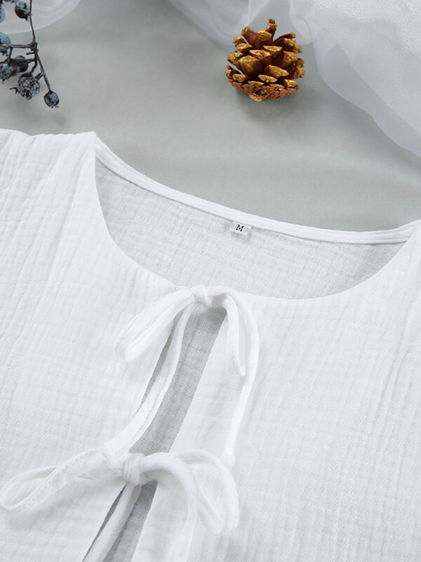 Hiloc-Pijama blanco de manga acampanada para mujer, conjuntos de pijama Sexy de algodón con cordones, de cintura alta, conjuntos a juego, ropa de casa con hendidura, 2023