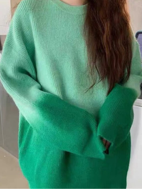 Suéter de punto con cuello redondo para mujer, Jersey grueso de talla grande, holgado, para invierno, 2022