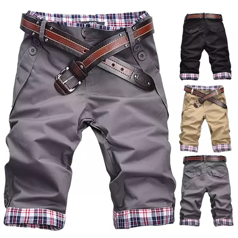 Demi-pantalon à carreaux pour hommes, poches décontractées en Patchwork, boutons, ample, Shorts de plage, été