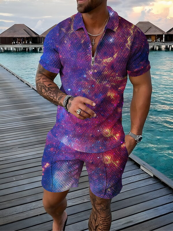 Men's Summer Breathable Short Sleeves + Shorts Polo Shirt Suit Casual Men's Starry Sky 3D Printing Fashion Cool 2 Piece Set