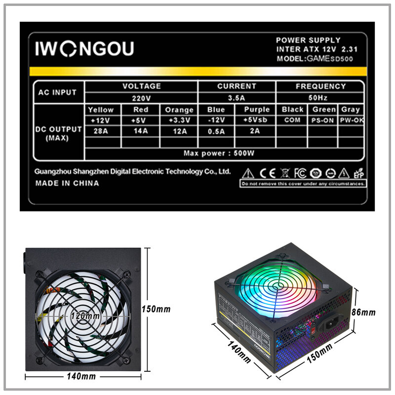 IWONGOU – bloc d'alimentation PC, 500 Watt MAX, pour ordinateur de bureau de jeu 24 broches, Atx 12v, 500 w, Source GAMESD500 PSU