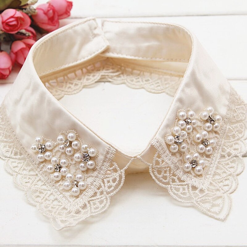 Women Fake Collar Shirt Detachable Collars With Pearls Decoration Ladies Lace Necklaces Collar 