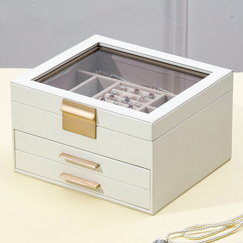ZLALHAJA-Caja organizadora de joyas de 3 capas, estuche de almacenamiento de vidrio transparente, de cuero, de gran capacidad, para collar y pendientes