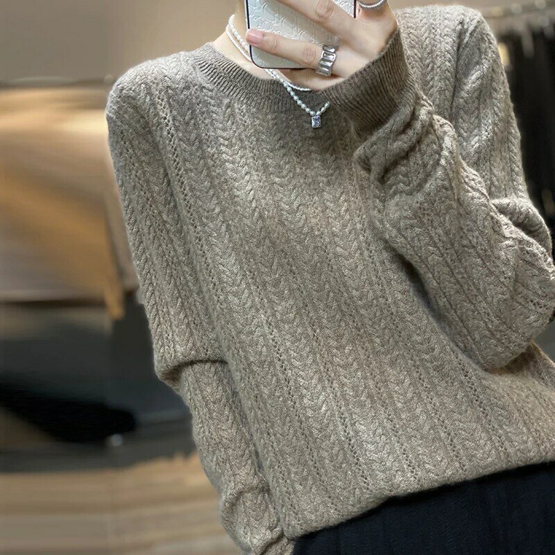 Suéter holgado de lana para mujer, suéter corto con cuello redondo, camisa de fondo, otoño e invierno, 2022
