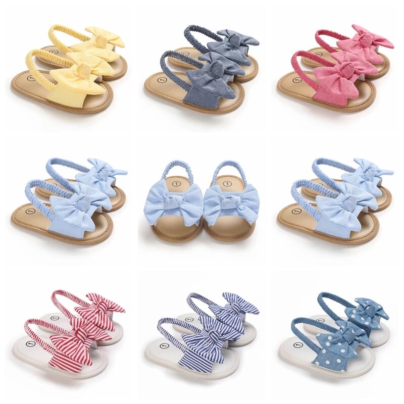Летние сандалии для маленьких девочек, милая обувь для малышей с большим бантом, повседневные однотонные туфли для маленьких принцесс, мягкая обувь для новорожденных