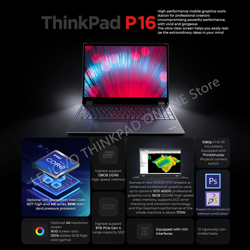 โน้ตบุ๊ค Lenovo ThinkPad P16 2022 Intel Core I9-12950HX RTX A5500 16G + 512G/1T SSD 16นิ้ว WQXGA 4K หน้าจอแล็ปท็อป Lenovo