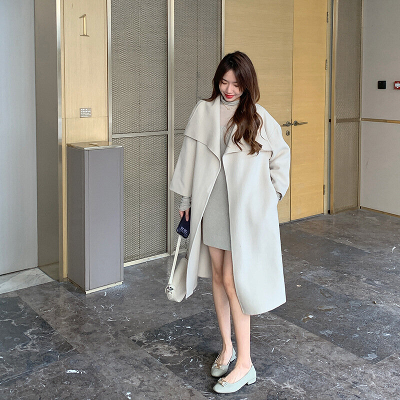 Large Lapel Wool Blends Coat Women's Double-sided Woolen Winter Atmosphere Sense Mid-length Clothing Coats Jackets Jasmine White