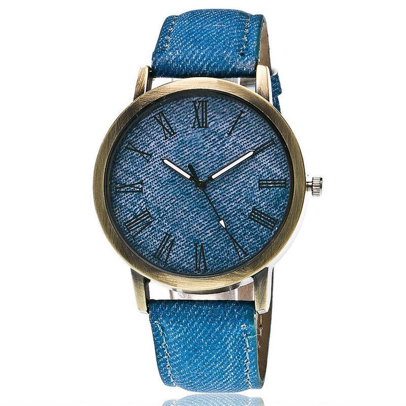 ساعات معصم عصرية للرجال والنساء كوارتز باللون الأزرق من الدنيم روما حرفي وبتصميم بسيط من البرونز ساعات كاوبوي للرجال