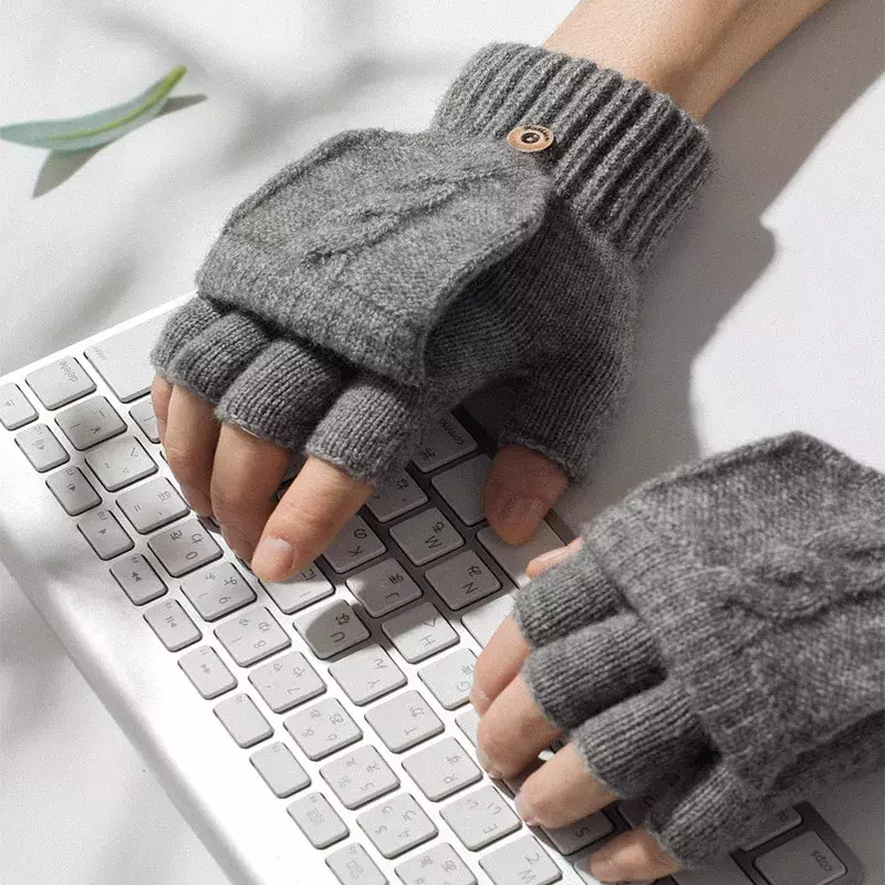 Wool Knitted Fingerless Flip Gloves Winter Warm Finger Free Touchscreen Gloves for Men Women Unisex Exposed Finger Mittens Glove