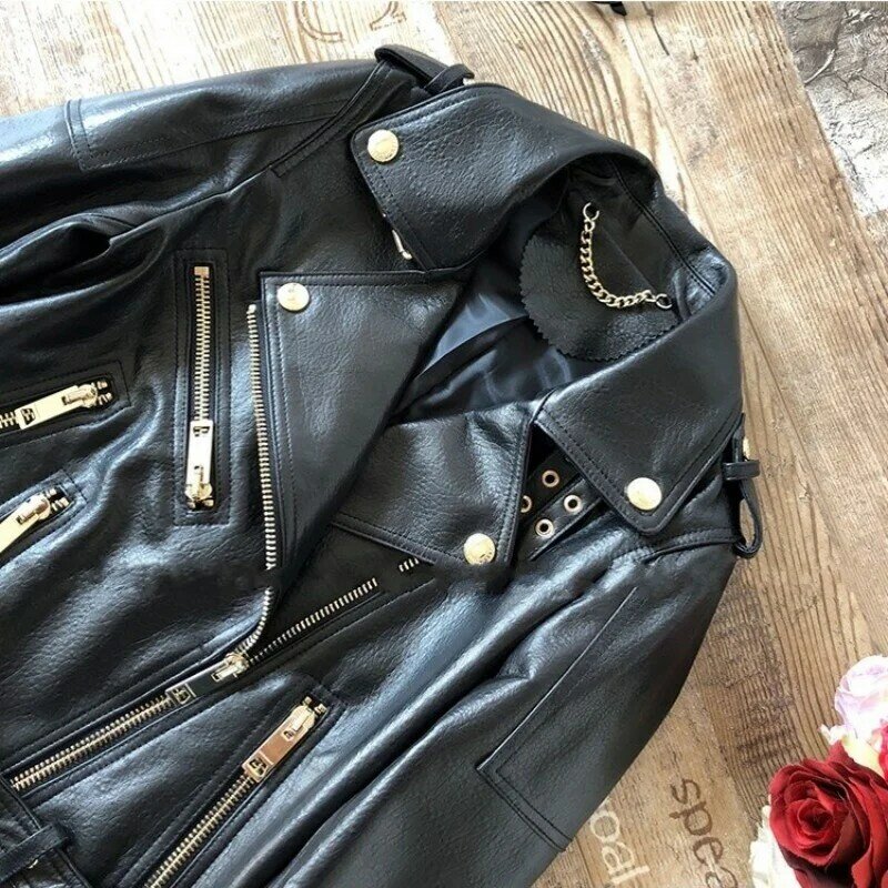 정품 가죽 여성 양 가죽 바이커 좋은 패션 재킷 지퍼 짧은 검은 옷깃 재킷 사무실 레이디 겉옷 S-2XL